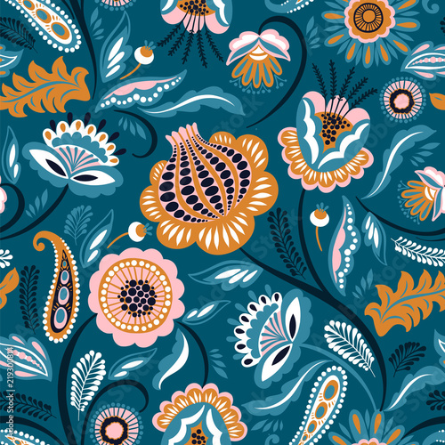 Folk floral seamless pattern. Modern abstract design