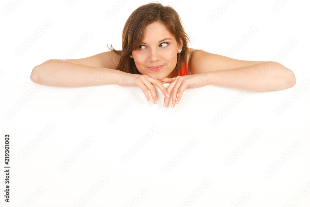 beautiful woman holding blank banner isolated beautiful woman holding blank banner isolated