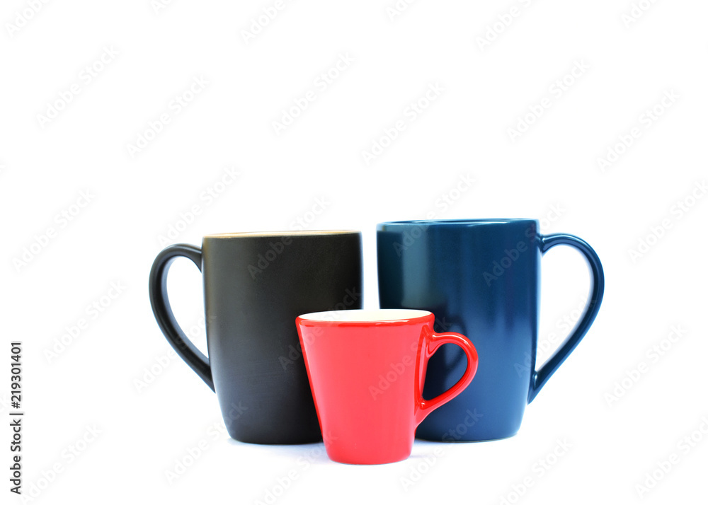 Blue, red and brown color of Tree cups on white backgrounds Blue, red and brown color of Tree cups on white backgrounds