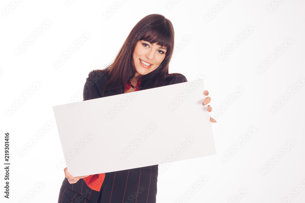 portrait of beautiful woman shows blank signboard portrait of beautiful woman shows blank signboard