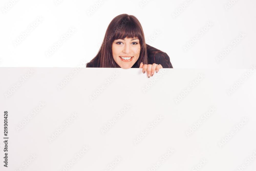 portrait of beautiful woman shows blank signboard portrait of beautiful woman shows blank signboard