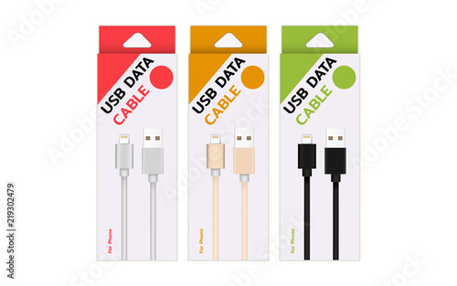 Smart Phone Charger Cable Product box Mockup Isolate on white screen with copy Space for insert text.
