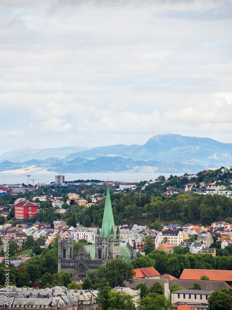 City scape of Trondheim, Norway with Mountains