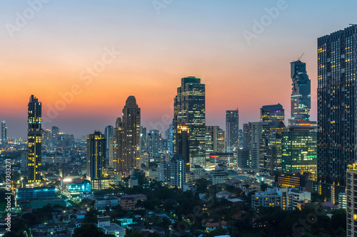 Bangkok city - Aerial view of Bangkok city downtown cityscape urban skyline at night , landscape Thailand