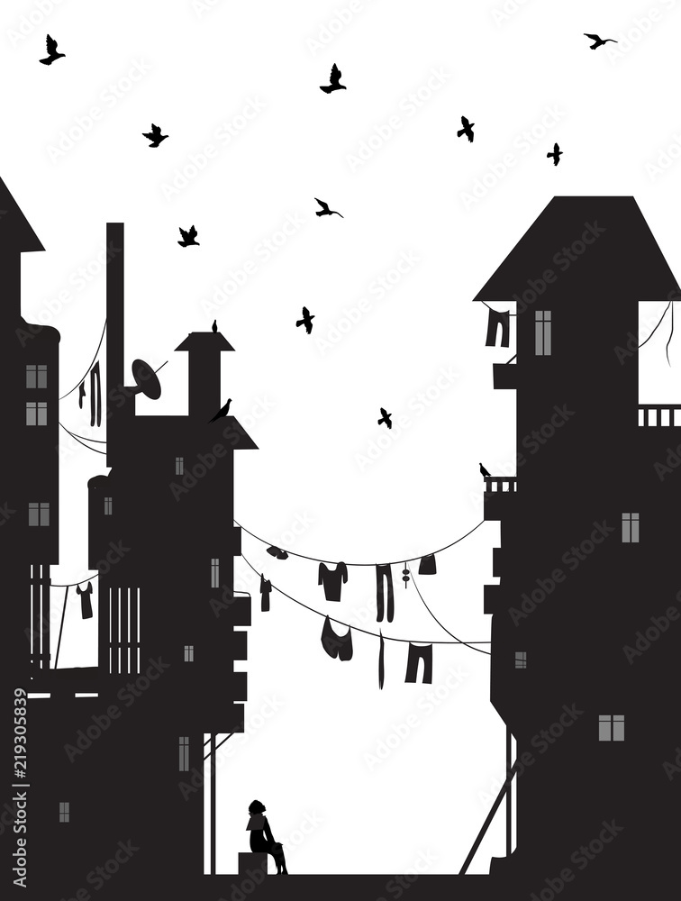 dreamer, girl sits near the city houses and look at flying pigeons, dreams