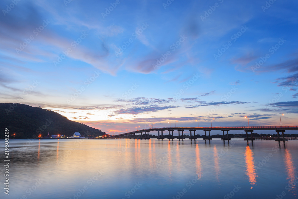 Beautiful long bridge in Chantaburi province at sunset twilight, Thailand