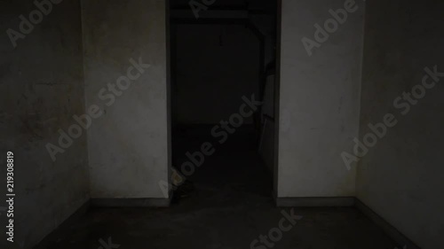 Moving through spooky hallway. Passing through scary gate in underground terror filled passage. Dark and dirty doorway into unknown darkness, walking inside to death and doom. photo