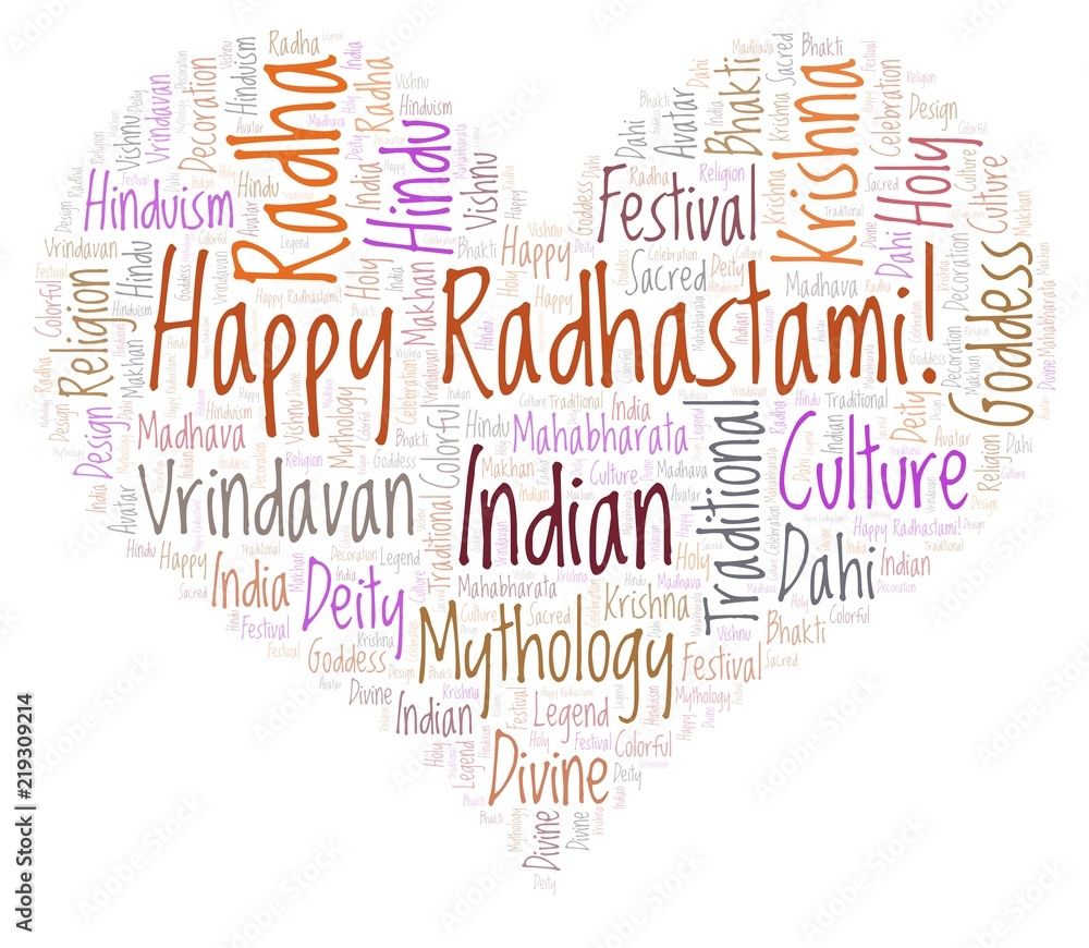 Happy Radhastami in heart shape word cloud. Stock Illustration ...