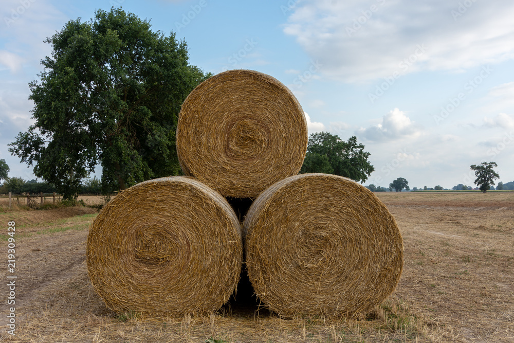 Stapel von Strohrollen auf einem Stoppelfeld in dwe Wesermarsch