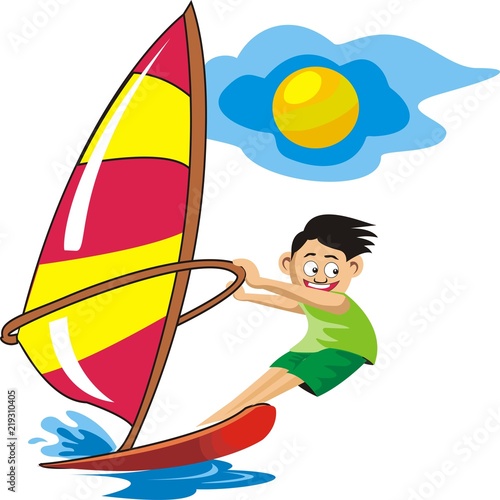 Child windsurfing with sun vector illustration