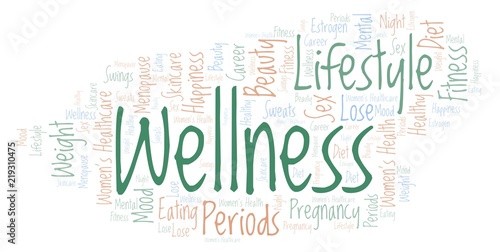Word cloud with text Wellness on a white background.