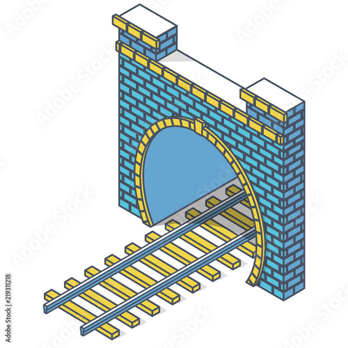 Fototapeta Naklejka Na Ścianę i Meble -  Vector railway low poly tunnel in isometric 3d perspective. Outlined old stone circular tunnel with light at the end. Isolated on white background. Created in diminishing perspective