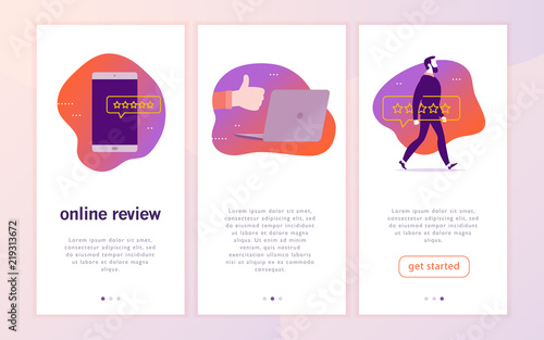 Vector mobile app interface concept design with online review. Gadgets: laptop, smartphone. Give a star rating, positive feedback concept. Thumb up, stars line icons. Landing page, UI site template.