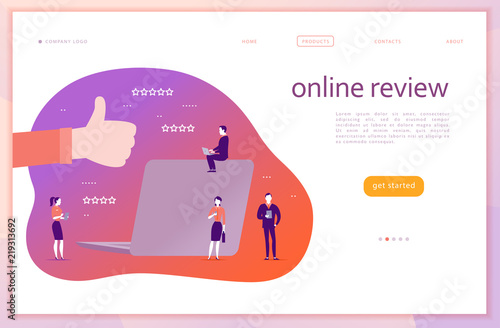 Vector web page concept design with online review theme. Office people with gadgets - laptop, tablet, smartphone. Thumb up sign, laptop screen, stars line icons. Landing page, mobile app, UI, UX, site