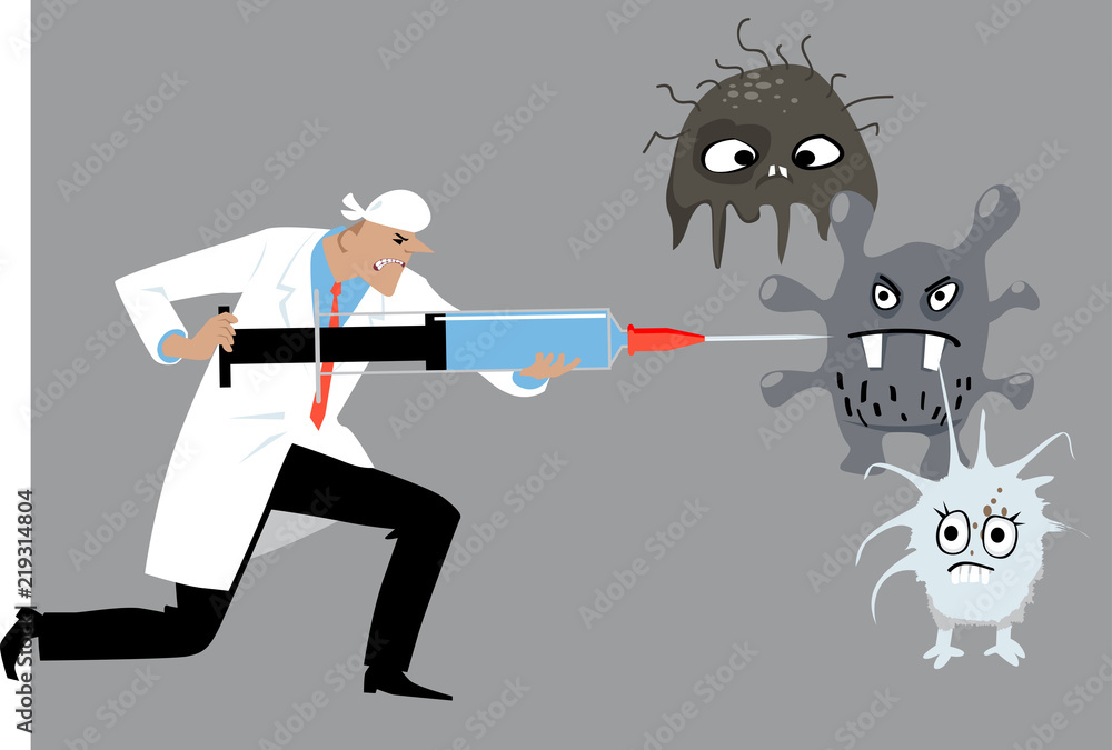 Doctor or male nurse with a syringe fighting cartoon germs, EPS 8 vector illustration
