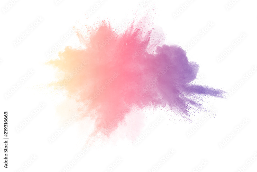 Freeze motion of colored powder explosions isolated on white background