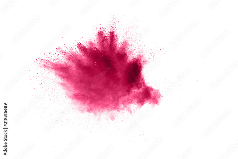 Pink Red powder explosion isolated on white background.