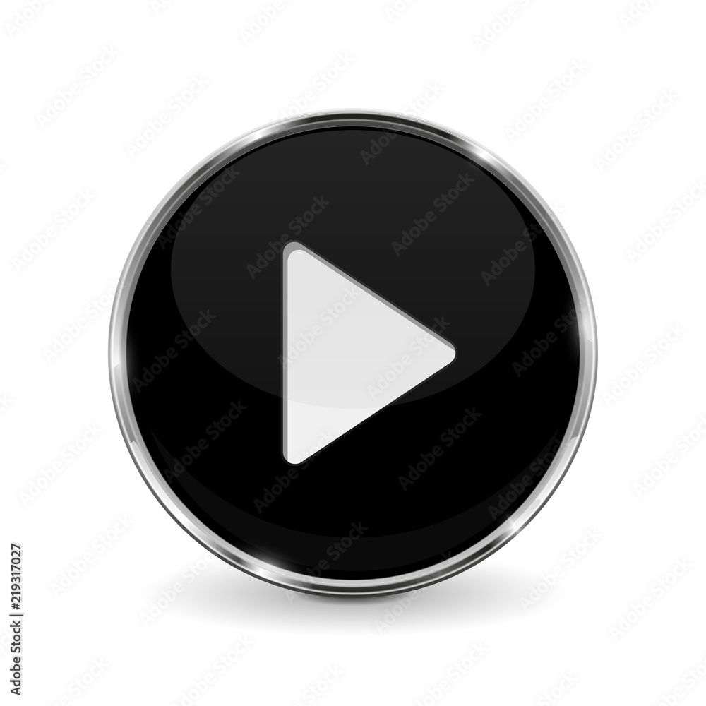 Play button. Black 3d icon with chrome frame Play button. Black 3d icon with chrome frame