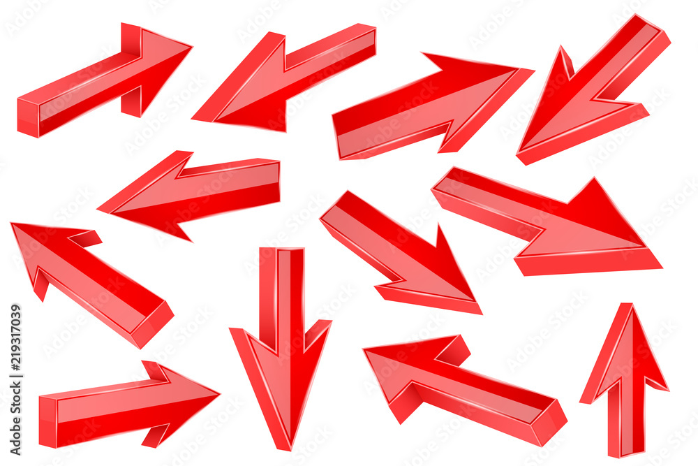 Red 3d arrows. Set of shiny straight signs Red 3d arrows. Set of shiny straight signs