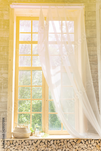 White Curtain and Wood Window Frame High key Background with sunlight photo