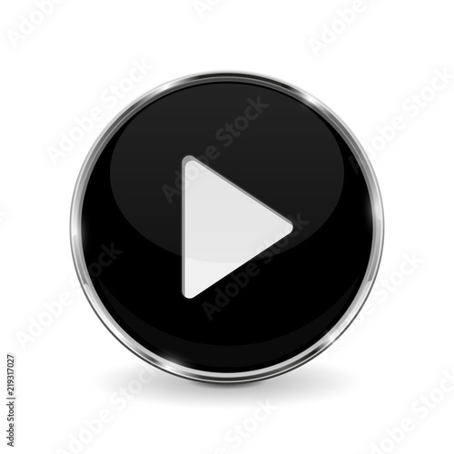 Play button. Black 3d icon with chrome frame