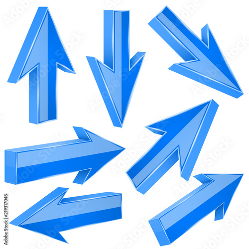 Blue 3d arrows. Set of shiny straight signs
