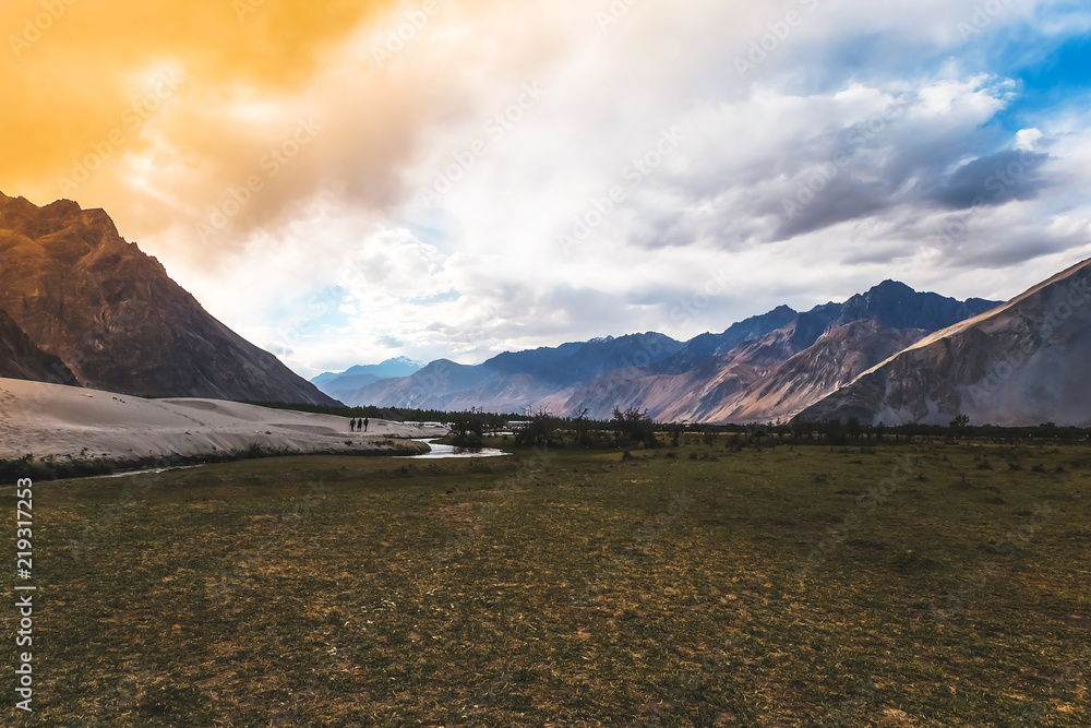 Landscape view of Nubra Valley with cloudy in Ladakh India
