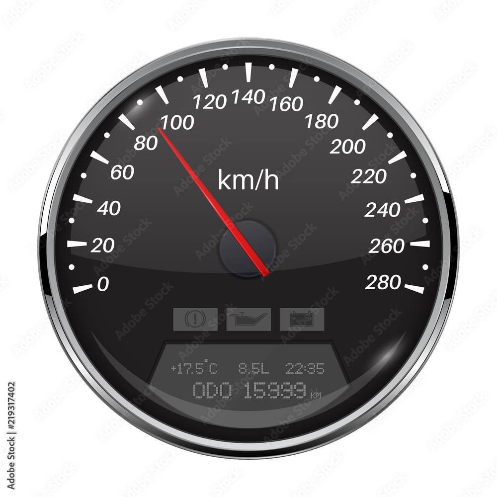 Speedometer. Black speed gauge with metal frame. 90 km per hour Speedometer. Black speed gauge with metal frame. 90 km per hour
