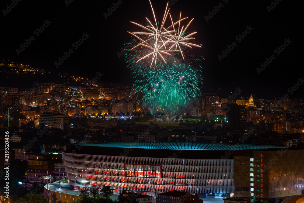 Fireworks during the festival of Aste Nagusia and San Mames football stadium in Bilbao, Basque Country, Spain