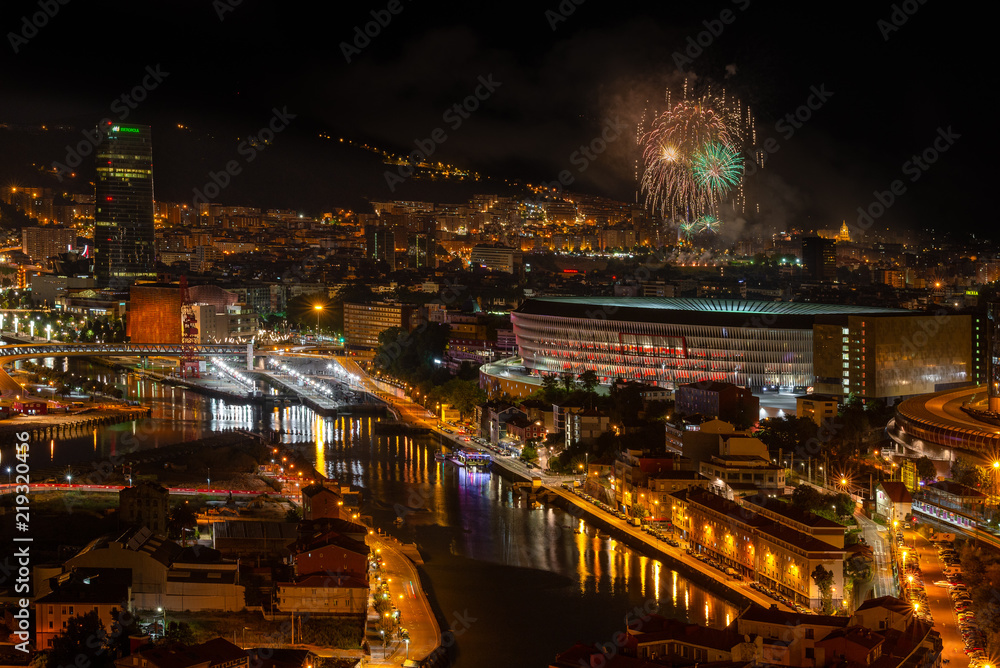 Bilbao at night with the fireworks during the festival of Aste Nagusia, Basque Country, Spain