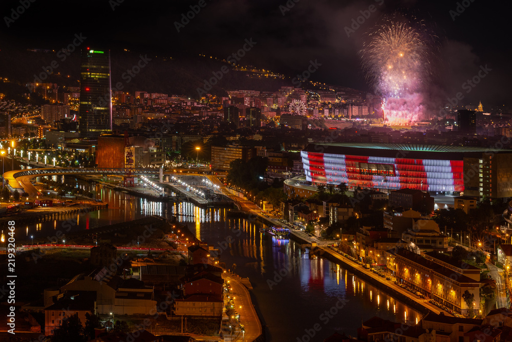 Bilbao at night with the fireworks during the festival of Aste Nagusia, Basque Country, Spain