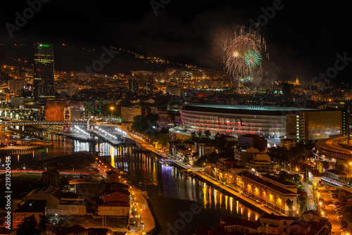 Obraz na płótnie Bilbao at night with the fireworks during the festival of Aste Nagusia, Basque Country, Spain w salonie