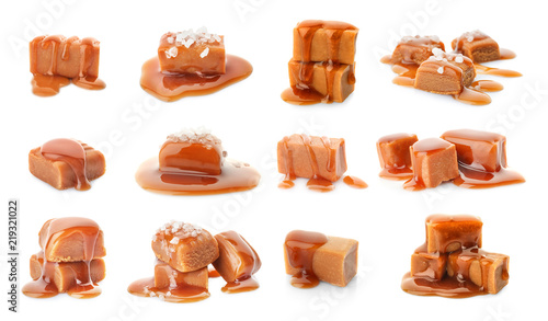 Set with delicious caramel candies and sauce on white background