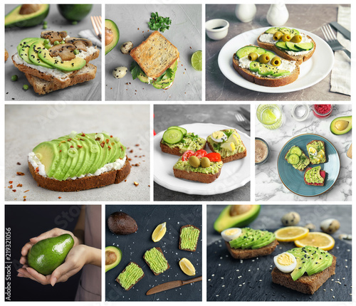 Set with different avocado sandwiches. Breakfast recipe