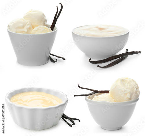 Set with vanilla pods, ice cream and puddings on white background Fototapeta