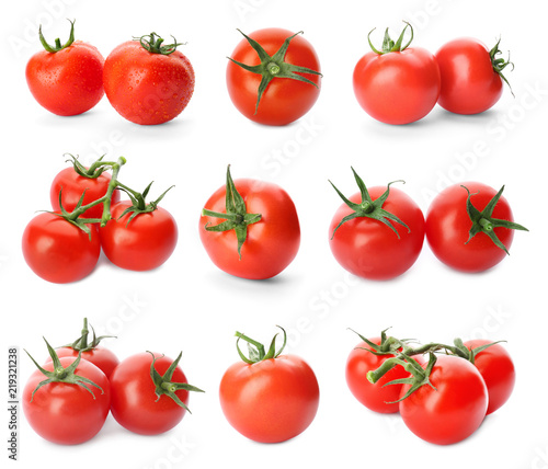 Set with delicious ripe tomatoes on white background