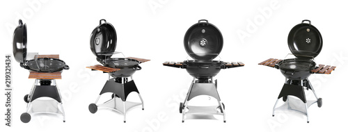 Set with modern barbecue grill on white background