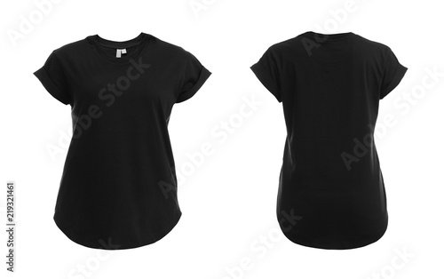 Front and back views of blank black t-shirt on white background