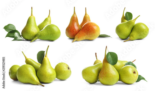 Set with tasty ripe pears on white background