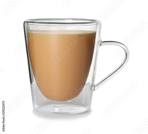 Glass cup with black tea and milk on white background