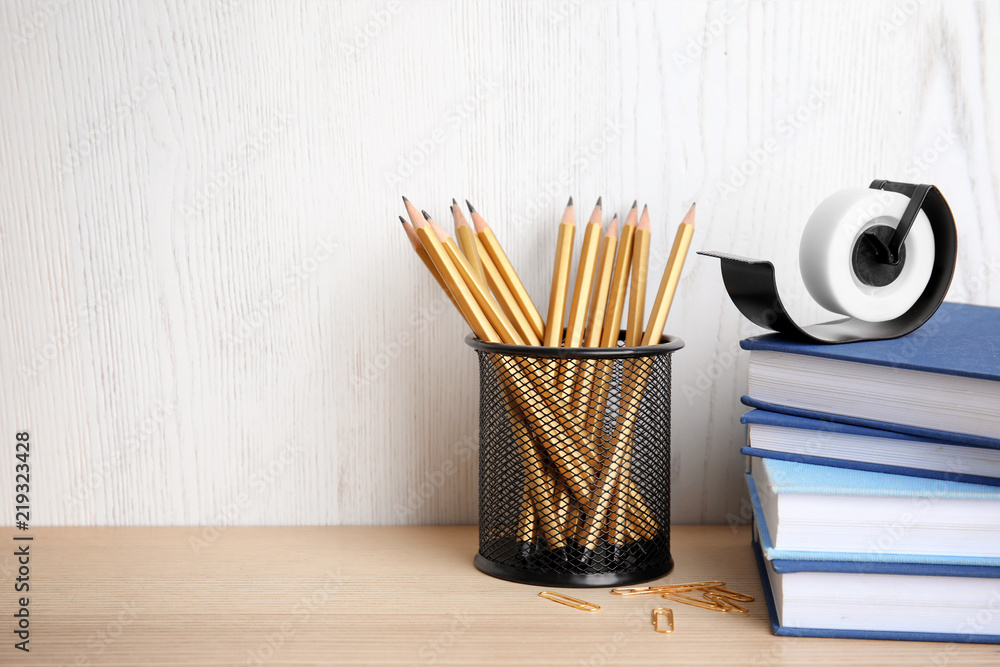 Obraz premium Different stationery on wooden table. Back to school