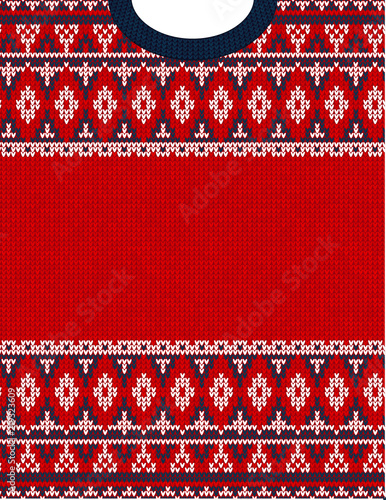 Knitted Chrismas tribal ornament ugly sweater pattern. Ethnic aztec jumper round collar. Vector scandinavian style textile, greeting business card poster background, phone case print. Red, blue, white