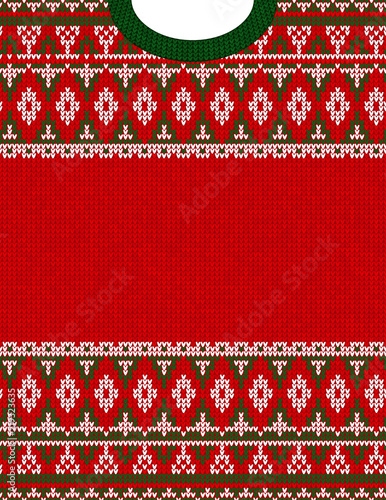 Knitted Chrismas tribal ornament ugly sweater pattern. Ethnic aztec jumper round collar. Vector scandinavian style textile, greeting business card poster background, phone case print Red, green, white