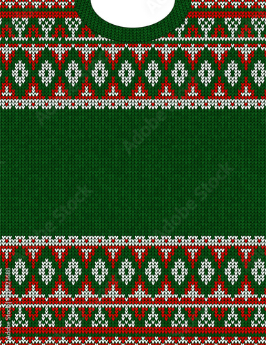 Knitted Chrismas tribal ornament ugly sweater pattern. Ethnic aztec jumper round collar. Vector scandinavian style textile, greeting business card poster background, phone case print Red, green, white