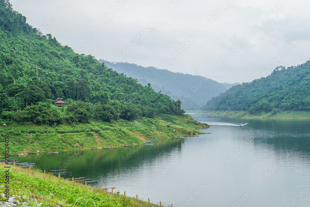 dam river green mountain view, forest, boat ride, travel thailand