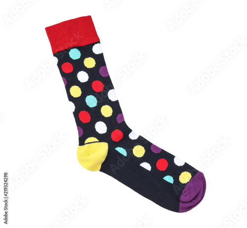Colorful sock on white background, top view