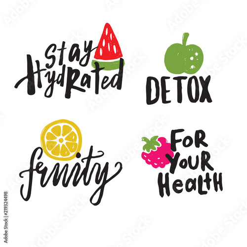 Set of hand drawn illustrations and lettering . Illustrations of watermelon, orange, raspberry, apple with different phrases about healthy food.