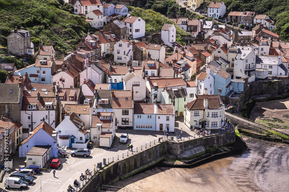 A view of the North Yorkshire UK village of Staithes, seen here from from Penny Nab headland.
