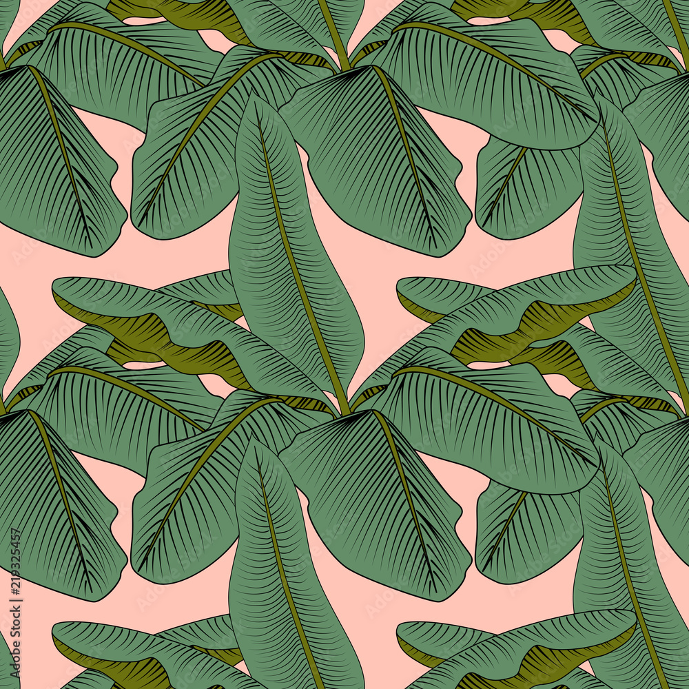 Exotic banana leaf on a light pink background. Print summer seamless vector  pattern wallpaper in trend colors. Stock Vector | Adobe Stock