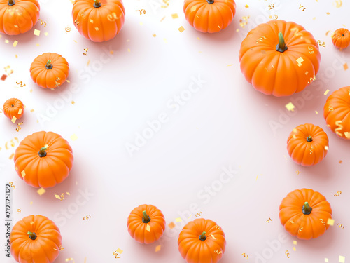 Golden foil confetti and glitter Orange pumpkins. 3d Illustration for holiday greeting card, invitation, calendar poster. Party banner with balloons and serpentine. View from above. Flat lay